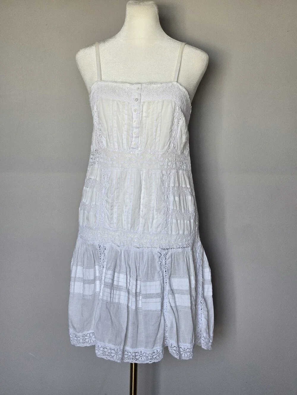 Boho Western Babydoll Lace-Trim Spaghetti Strap Sheer Mini Dress in White Size S - Picture 9 of 10